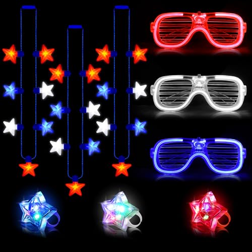 Jansun 9 PCS 4th of July Red White Blue Light Up Accessories
