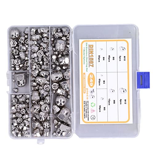 Generic Acorn Caps、Cap Nut Acorn Hex Nuts Assortment Kit 249pcs M3 ? M12 DIN1587 304ステンレス鋼の明るい仕上げ