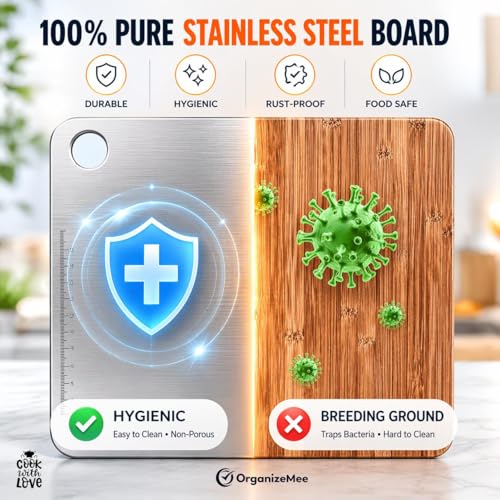 Image of OrganizeMee Chopping Board Stainless Steel Metal Cutting Kitchen,Heavy Duty Choping-Board Vegetable, Meats vegitable Chopper Boards,Safe Durable with Anti-Skid Silicon Pad (New Medium)(31.8CM X 21CM)