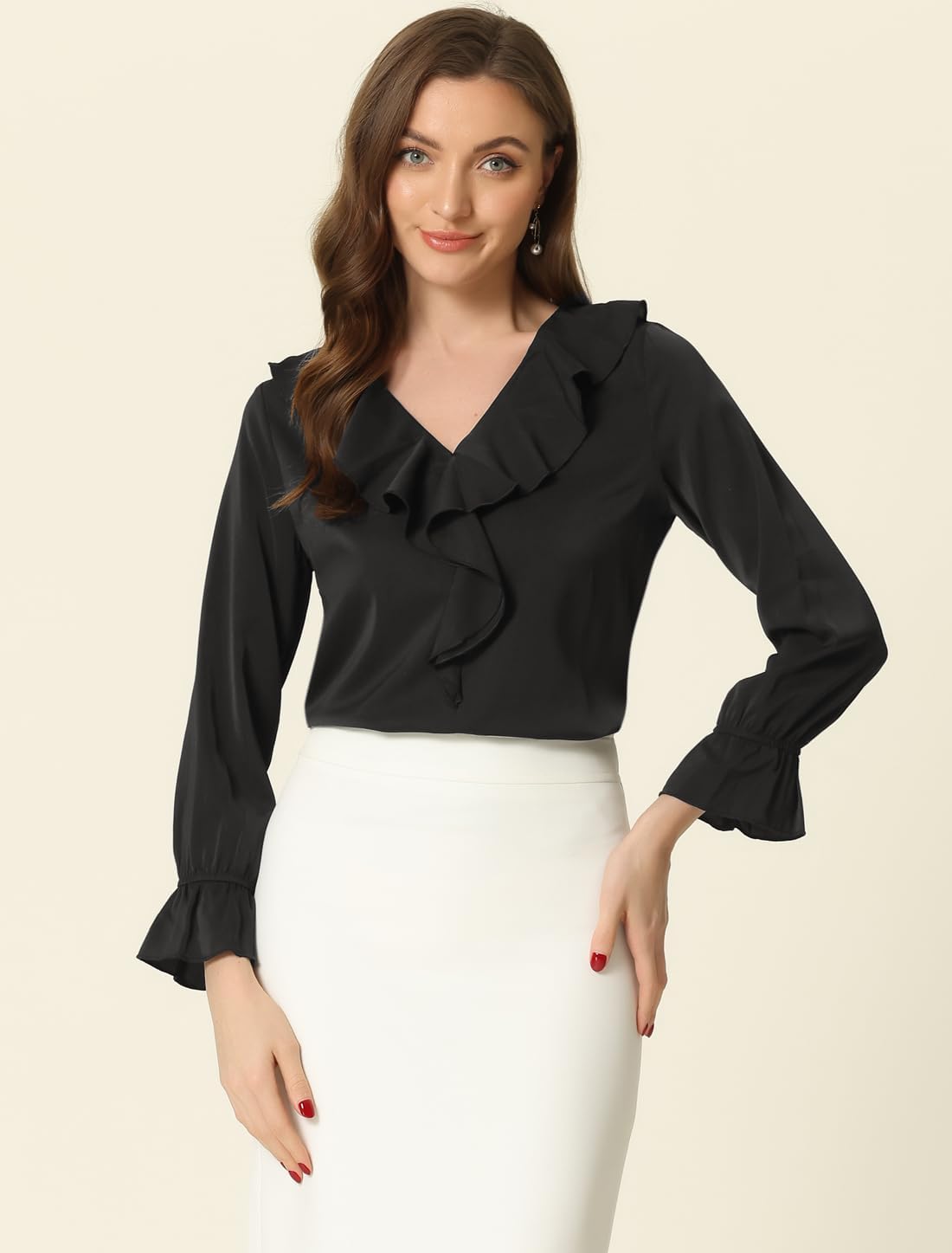 Allegra K Women's Ruffle Blouse for Business Work Elegant V Neck Long Sleeve Casual Dressy Top - Image 2