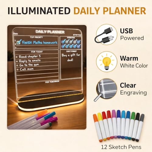 Image of Zesta 3D Rewritable LED Acrylic Message Board | USB Powered Desk Noteboard with 12 Glowing Markers | Cute Stationery Items and Light Up Gadgets (Daily Planner, Large(27X27 Cms))