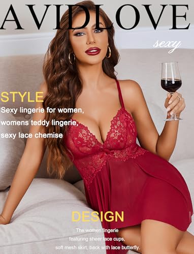 Image of Avidlove Sexy Lingerie for Women V-Neck Lace Babydoll Mesh Chemise Sleepwear Boudoir Outfits