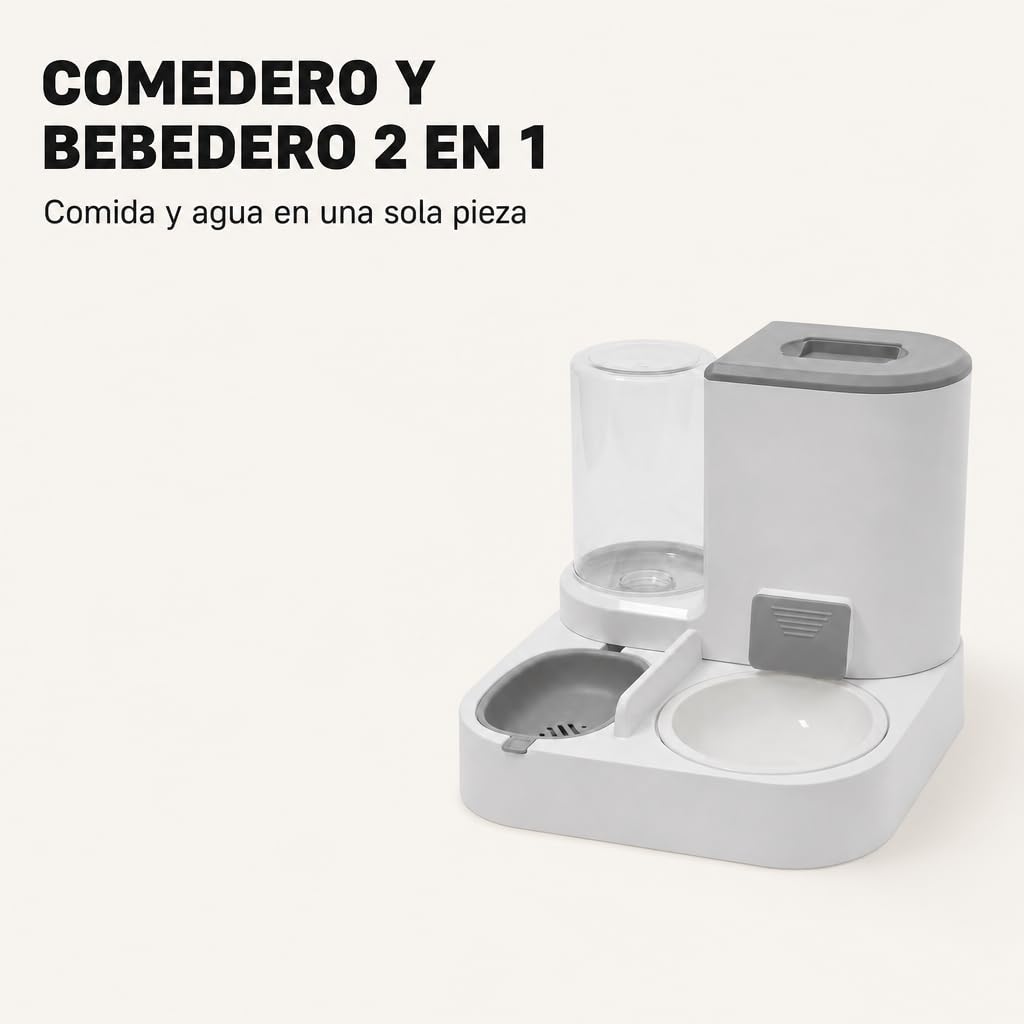 Comedero y Bebedero automático 2 en 1 para Gatos y Perros – Dispensador de Comida 2,2 L y Agua 1 L, diseño Compacto, Materiales Resistentes, Color Gris – Uso Diario en Interiores