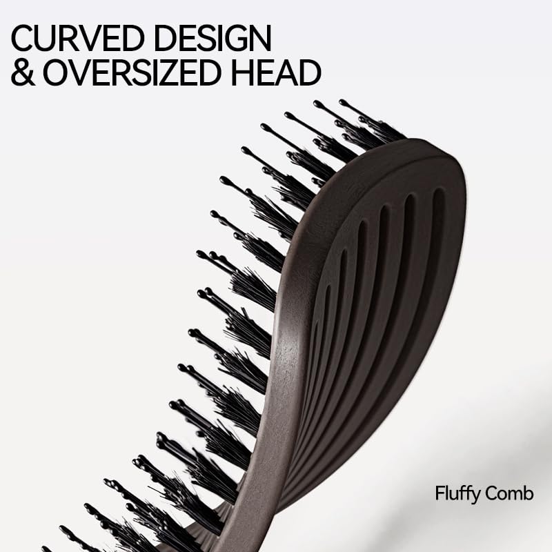 Boar Bristle Hair Brush for Women, Curved Vented Detangling Brushes for Wet& Dry Hair, Styling Paddle Massage Hairbrush for Slick Back, Volume and Shine,Ergonomic Handle for Comfortable Grip
