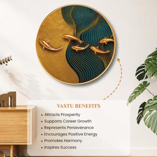 Image of PAINTINGMANTRA vastu koi Fish Wall Art Painting for Living Room, Teal Waves & 3D Effect Swimming Fish Round Shape Framed Wall Painting for Home Decor, Bedroom, Hall & Office (Size: 23x23 inch)