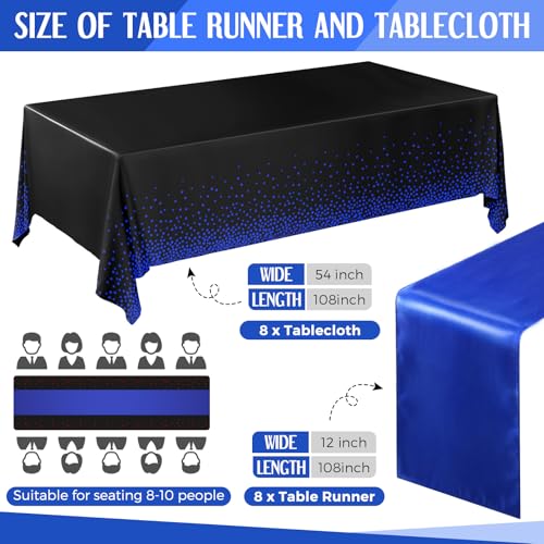 Image of Breling 16 Pack Black and Blue Disposable Plastic Tablecloths and Satin Table Runner Set, 54 x 108 Inch Tablecloth, 12 x 108 Inch Table Runners for Wedding Graduation Birthday Baby Shower New Year