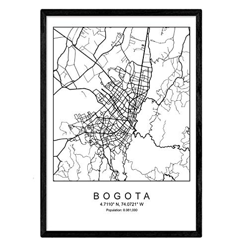 Nacnic Lámina Mapa de la Ciudad Bogota Estilo nordico en Blanco y Negro. Poster tamaño A3 Sin Marco Impreso Papel 250 gr. Cuadros, láminas y Posters para Salon y Dormitorio