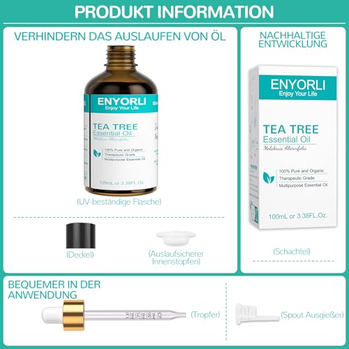 ENYORLI Teebaumöl 100ml 100% Naturrein Tea Tree Oil Reines und Ätherisches Aromatherapieöl Vegan Teebaum Ätherisches Öl für Diffuser,Shampoo, Gesicht,Haut, Nagel