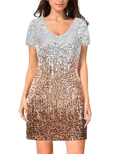Image of MANER Women's Sequin Glitter Short Sleeve Dress Sexy V Neck Mini Party Club Bodycon Dresses