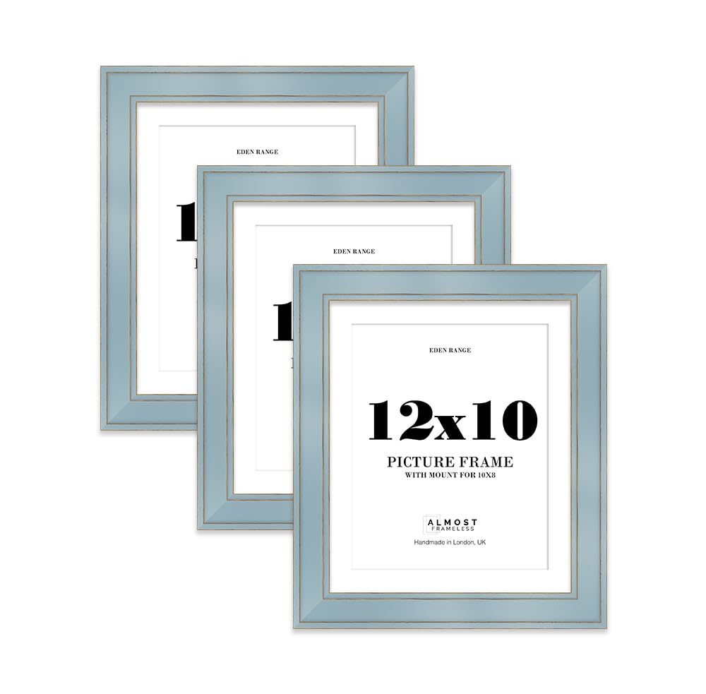 12x10" Cornflower Blue Picture Frame with 10x8" Mount - Shabby Chic Photo Frame with Distressed Finish, Gold Trim, Wall Hooks and Kickstand, 37mm Edge - 3 Pack