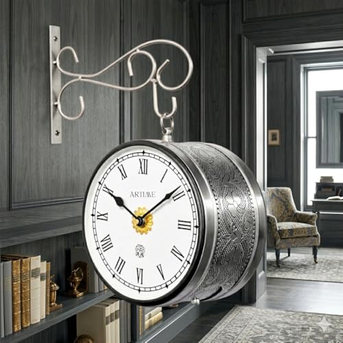 Image of Handcrafted Double Side Metal Analog Vintage Wall Clock | 1.5 Year Machine Warranty | 6 INCHES | 1 Side Number 1 Side Roman,Color Silver