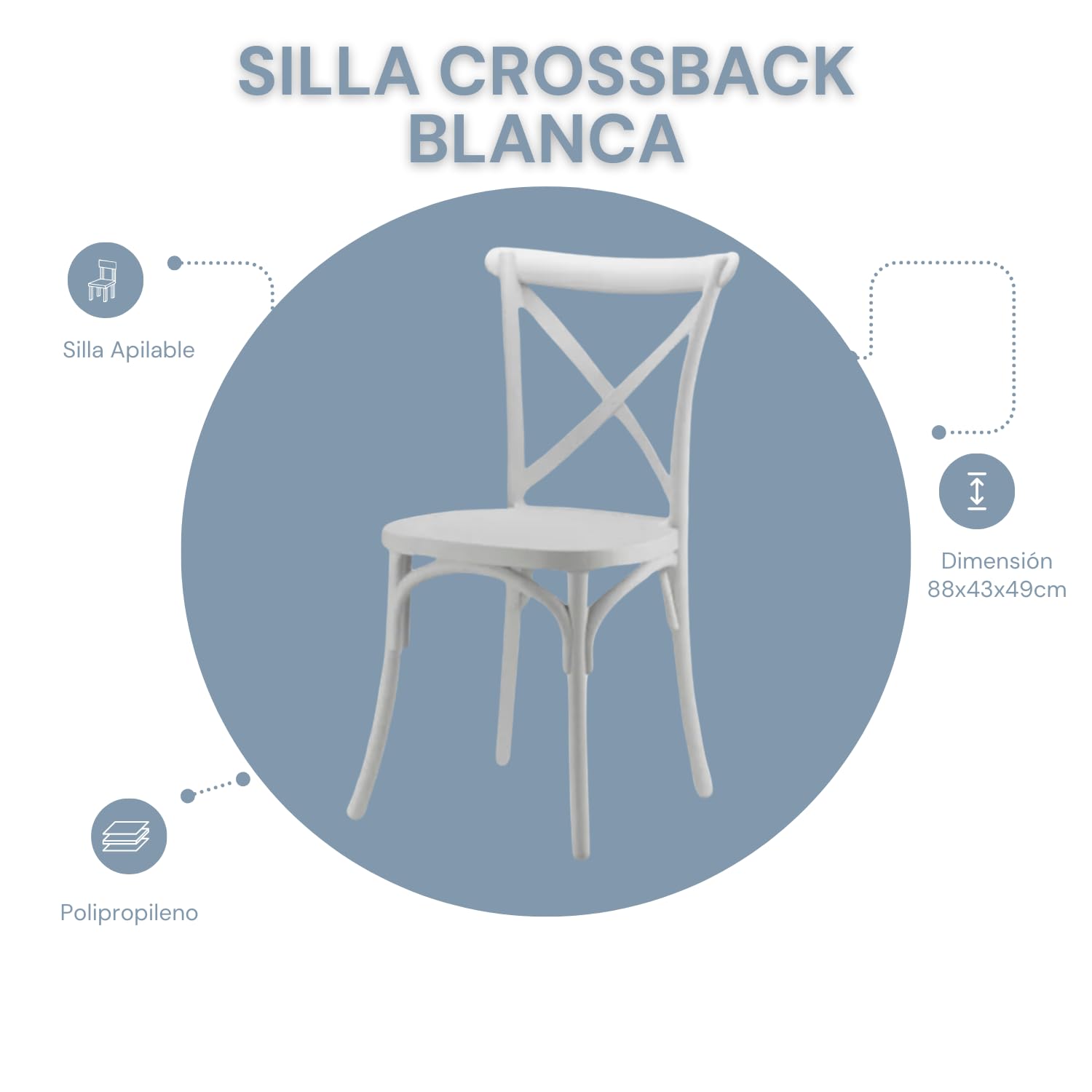 EME 2 Sillas Crossback Color Blanco, Sillas de Comedor o Cocina. Incluye 2 sillas. Elegantes para Cocina o Comedor, apilables y Muy Resistentes. Fabricada en Polipropileno Monoblock.