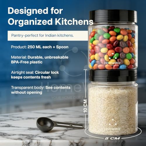 Image of HomeWiz Airtight Kitchen Storage Containers Set of 10 (250ML Each) | Unbreakable Transparent Plastic Masala Box for Spice, Cereal, Dry Fruits | Round Jars with Spoons | Kitchen Accessories