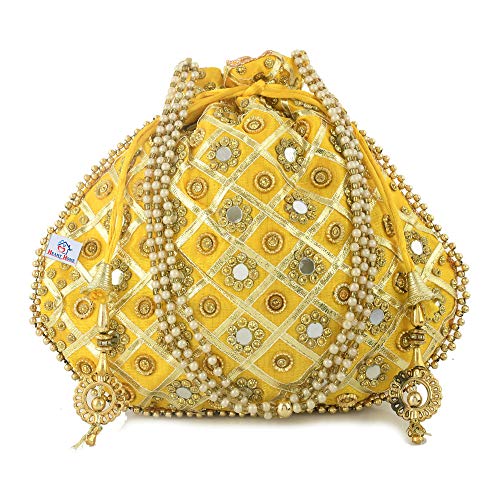 Image of Heart Home Silk Traditional Mirror Work Clutch Potli Batwa Pouch Bag for Women /Girls (Gold)-HEART11483