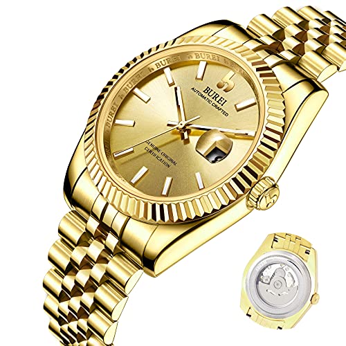 BUREI Men's Luxury Fashion Automatic Watch Classic Stainless Steel Waterproof Machine Watch with Date,Gift for Men(All Golden)