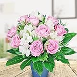 Rosa Rosen Blumenstrauß mit weißen Inkalilien und Pistazienzweigen - Inklusive Grußkarte