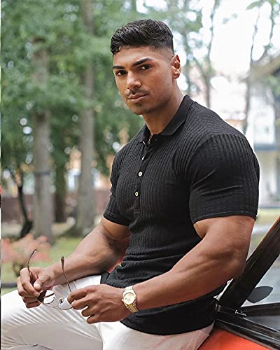 Urru Men's Muscle T Shirts Stretch Short Sleeve Workout Tee Casual Slim Fit Polo Shirt Black Xl #TOP1