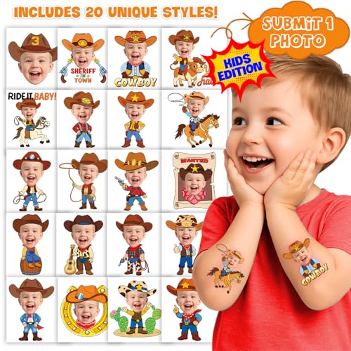Image of Custom Cowboy Temporary Tattoos for Kids, Set of 20 | Personalized Pre-Cut Face Photo, Birthday Party Favors, For Boys & Cowboy Lovers, Unique Celebration Gifts