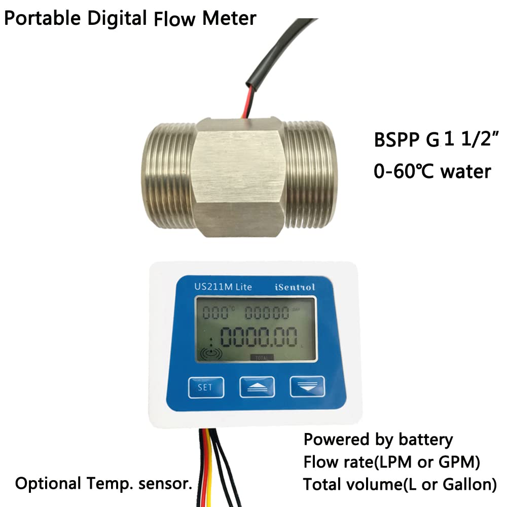 Caudalímetro digital portátil y sensor de flujo de agua de turbina SS BSPP G1 1/2