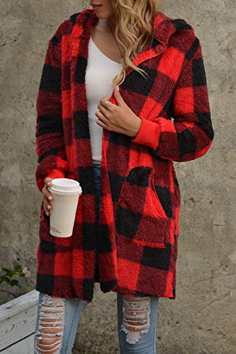 Senserise Womens Fuzzy Fleece Jacket Open Front Hooded Cardigan Tie Dye Plaid Sherpa Coat With Pockets(Red Plaid,Xl) #TOP2
