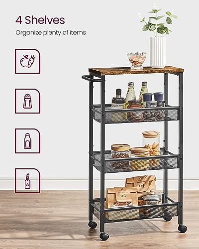 Image of VASAGLE Slim Rolling Cart, 4-Tier Storage Cart, Narrow Cart with Handle, 8.7 Inches Deep, Metal Frame, for Kitchen, Dining Room, Living Room, Home Office, Rustic Brown and Classic Black ULRC033B01