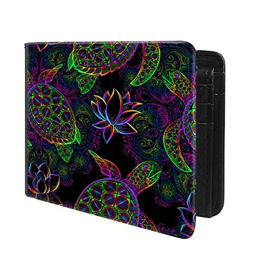 (Psychedelic Sea Turtle, Lotus And Mandala Front Pocket Slim Bifold Leather Wallet RFID Blocking with ID Window for Men