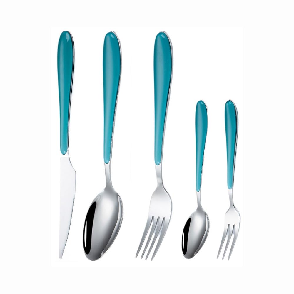 Plastic Clamp Handle Kitchen Stainless Steel Silverware Tableware Flatware Cutlery Set Steak Knife Fork Spoon Teaspoon (Blue,5 pieces)