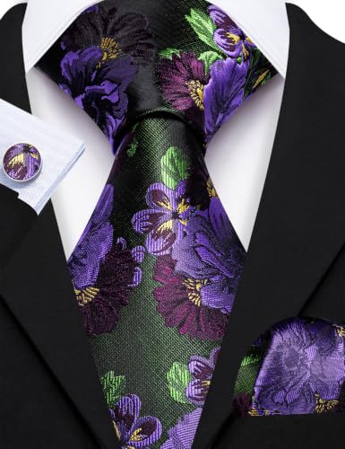 Image of Barry.Wang Flower Ties for Men Silk Woven Floral Tie Sets Necktie Handkerchief Cufflinks Wedding Party