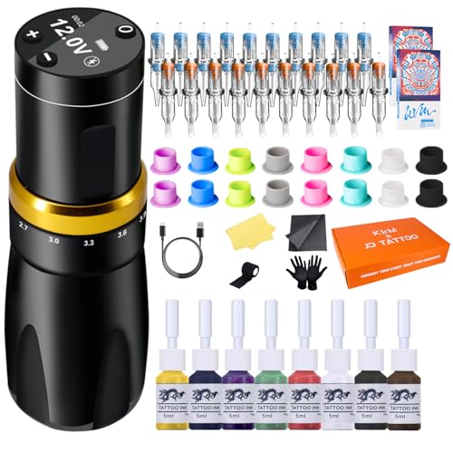 KVM Tattoo Pen Kit,Shorter Body Design,Wireless Tattoo Machine,7 Adjustable Stroke Options,Shorter Body Design,1500mAh Power Supply,Suitable for Professional Tattoo Artists and Tattoo Enthusiasts