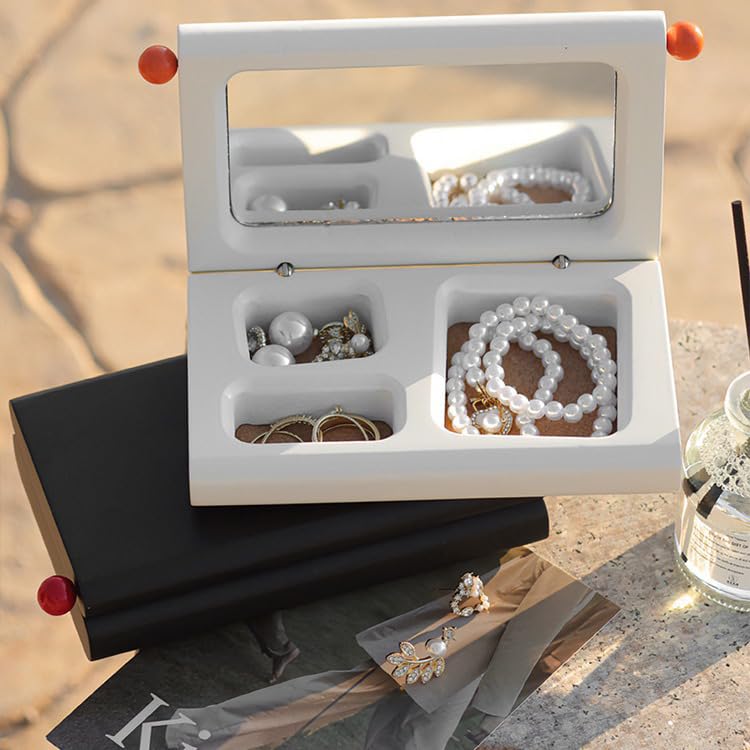 Drewniana mini organizator biżuterii przenośny z lustrem do zegarka, naszyjnika, pierścionka, kolczyków,White,14.5 * 8 * 6cm