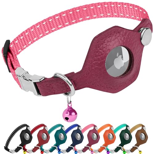 BUDKAS Reflective AirTag Cat Collar with Metal Buckle - Leather Soft Non Breakaway Cat Collars with