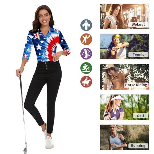Image of Soneven Womens Golf Polo Shirts 3 /4 Long Sleeve V Neck Button Down Shirts Business Causal Work Blouses Tops