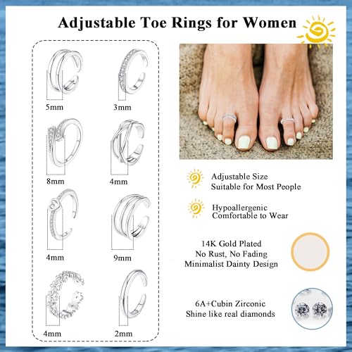SAMOCO 8 Pcs Toe Rings for Women Toe Ring Non Tarnish Simple Open Adjustable Band Toe Rings Set Beach Foot Toe Ring for Summer3