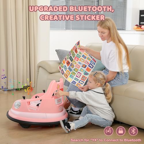 ELEMARA Bumper Car for Kids,1.9mph Max,12V Toddler Ride on Toys with Remote Control,2-Speed,2 Playing Modes,360 Degree Spin,Bumping Toy Gifts W/Bluetooth,5 LED Lights Modes,DIY Stickers,Pink by ELEMARA - Image 4