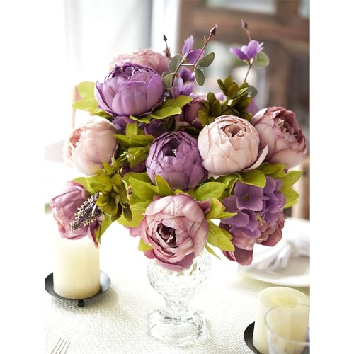 Image of FiveSeasonStuff Dusty Purple, Mauve & Greenery Accents Artificial Peony Bouquet, Two Faux Silk Flower Bundles with Hydrangeas