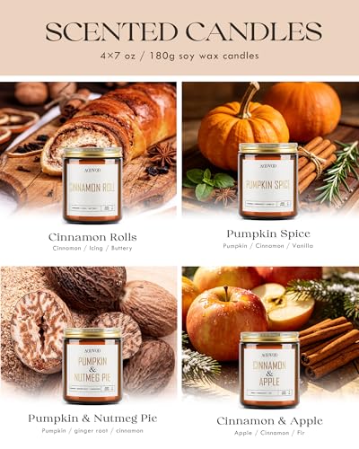 Image of AOOVOO Fall Candles - 4 PC Scented Candle, 28 oz Soy Candles, Soy Candle for Home Scented,Cinnamon Roll /Cinnamon Apple /Pumpkin Nutmeg Pie /Pumpkin Spice