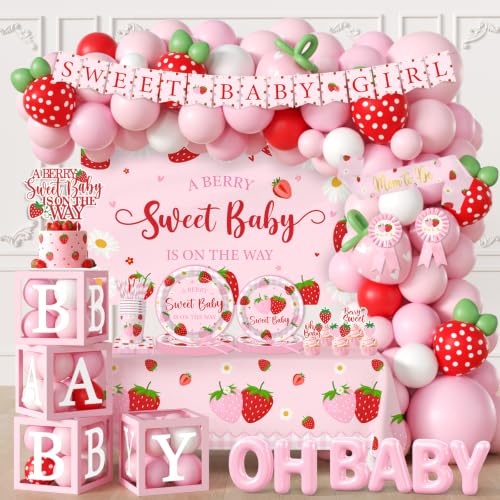 Strawberry Baby Shower Decorations 276pcs Berry Sweet Baby Shower Decorations Plates And Napkins Cups Banner Backdrop Tablecloth Cake Topper Balloon for A Berry Sweet Baby Is On The Way Decorations