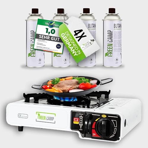 GREEN CAMP® Gaskocher inkl. 4 Kartuschen - Campingkocher mit Piezozündung - Camping Gaskocher stufenlos regulierbar - Gaskocher Camping 1-Flammig GREEN CAMP® Gaskocher inkl. 4 Kartuschen - Campingkocher mit Piezozündung - Camping Gaskocher stufenlos regulierbar - Gaskocher Camping 1-Flammig