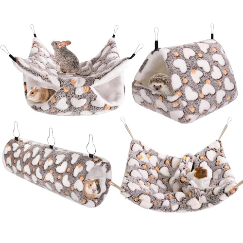 MCEAST 4 Pieces Small Pets Cage Accessories Hanging Hammock Sleeping Bag Tunnel and Bed Hideout Set Warm Sleep Nap Sack Bed for Hamster Ferret Squirrel Rabbit Coffee Hearts