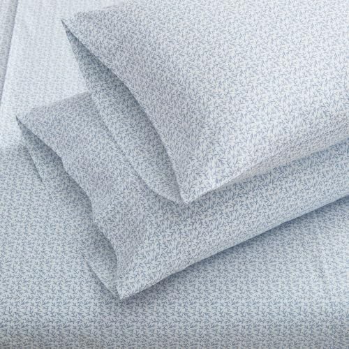 Image of Martha Stewart - King Sheet Set with Fitted Sheet & Pillowcases, Cotton Percale Bedding with a Smooth Feel, Deep Pocket, Leaves Blue
