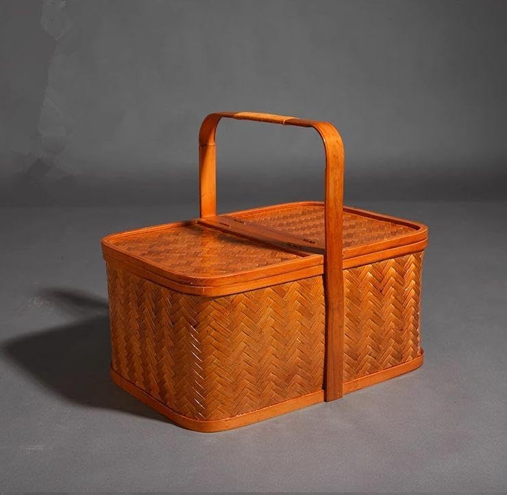 竹籠 バスケット 蓋・持ち手付き Rebirth]【ハンドル付き】竹かご 2段