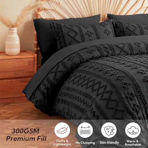 Image of MR&HM Full Size Bed Sheets and Comforter Set Black, 7 Pieces Tufted Boho Beddding Sets, Farmhouse Style Bed in a Bag with 1 Comforter, 2 Pillow Shams, 2 Pillowcases, 1 Flat Sheet, 1 Fitted Sheet