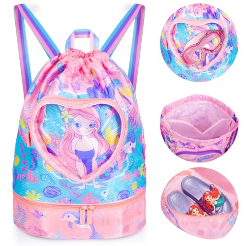 Drawstring Backpack for Kids Girls, Cute Cartoon Mermaid Waterproof Drawstring Bag String Swim Gym Sports Beach Bag with Shoes Compartment and Wet Proof Pocket