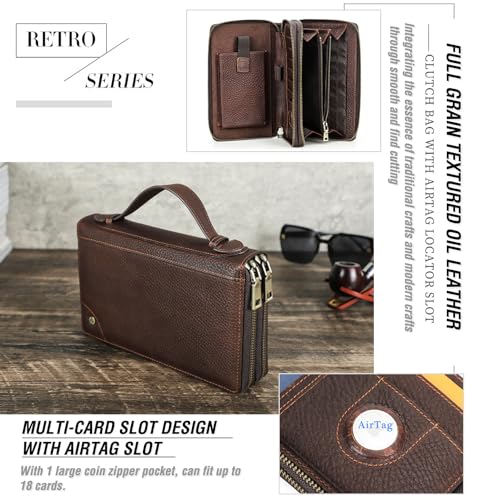 Image of Top Grain Genuine Leather Zipper Clutch Wallet for Man & Woman, Handmade Vintage Design, Multi Slots & Side Pocket & Strap, RFID Large Capacity for Cards /Checks /Passports /Phone /Pen /AirTag, Red Coffee