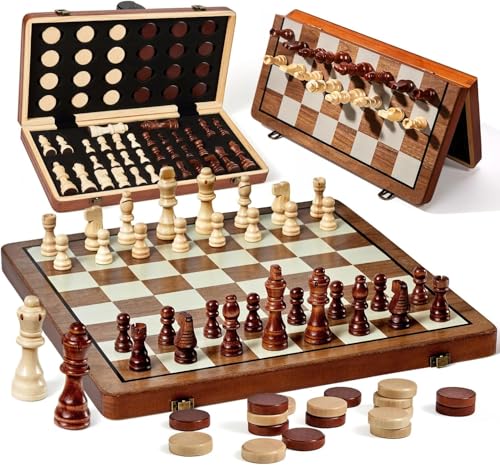 Moonmen Wooden 2 in 1 Magnetic Chess Set-15 Foldable Chess Set for Adults & Kids with Chess Pieces Storage Slots Chess Board Game Set for Tournament Professional Beginner (A)