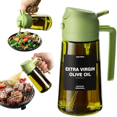 CXINYI - 16oz/470ml Olive Oil Dispenser for Kitchen with Stickers - 2 in 1 Olive Oil Sprayer for Cooking, Air Fryer, and Salad, Green (Light-Proof Kitchen Gadget)