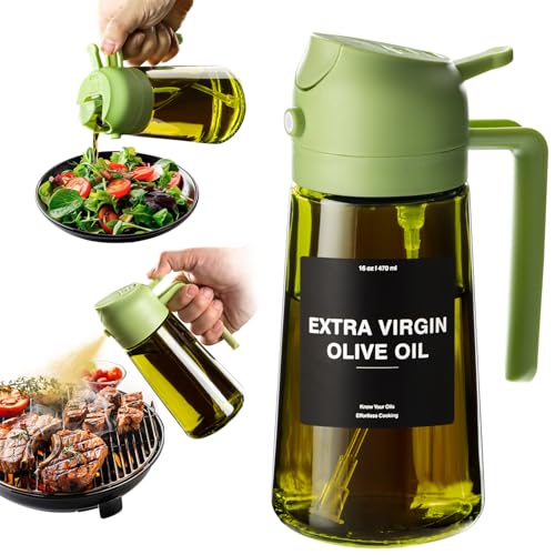 CXINYI - 16oz/470ml Olive Oil Dispenser for Kitchen with Stickers - 2 in 1 Olive Oil Sprayer for Cooking, Air Fryer, and Salad, Green (Light-Proof Kitchen Gadget)