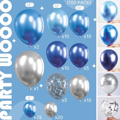 Image of PartyWoo Blue and Silver Balloon Garland, 100 pcs Balloons Different Sizes Pack of 18 Inch 12 Inch 10 Inch 5 Inch Navy Blue Silver Metallic Balloons for Birthday Decorations, Party Decorations