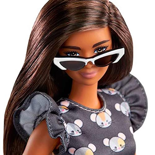Muñeca Barbie Fashionistas #140 con vestido gris y accesorios miniatura 4