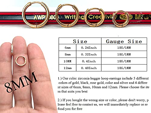 Image of Hypoallergenic Unisex Surgical Steel Small Cubic Zirconia Huggie Hoop Earring, Color Gold - Silver - Rose Gold - Black - Rainbow, Size 6mm- 12mm Safe for Sensitive Ear